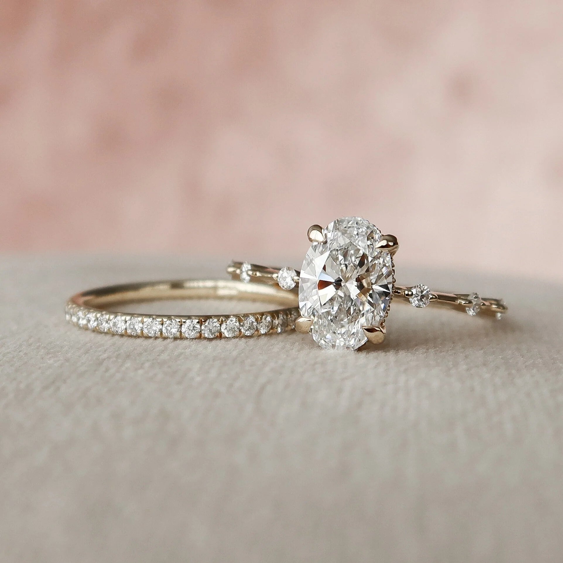 1.50CT Oval Lab Grown Diamond Hidden Halo Petite Pave Engagement Ring With Eternity Band