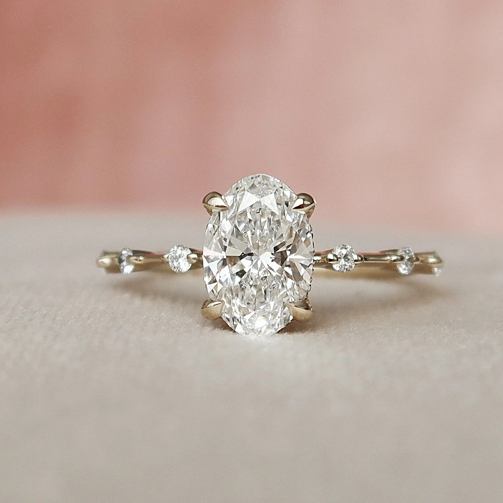1.50CT Oval Lab Grown Diamond Hidden Halo Petite Pave Engagement Ring With Eternity Band