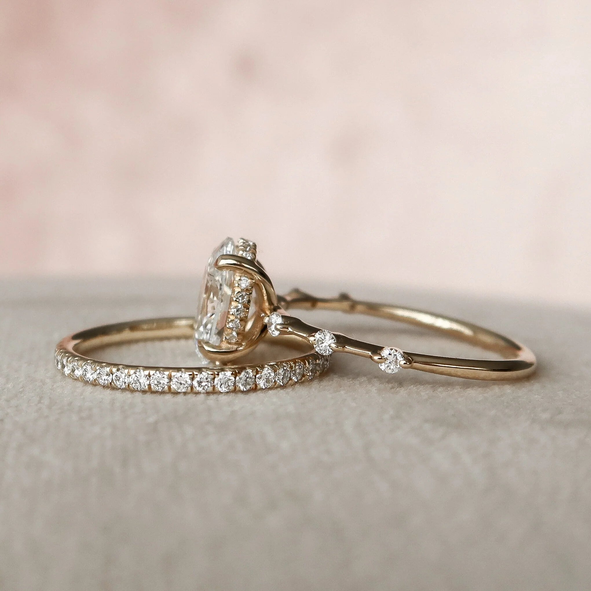 1.50CT Oval Lab Grown Diamond Hidden Halo Petite Pave Engagement Ring With Eternity Band