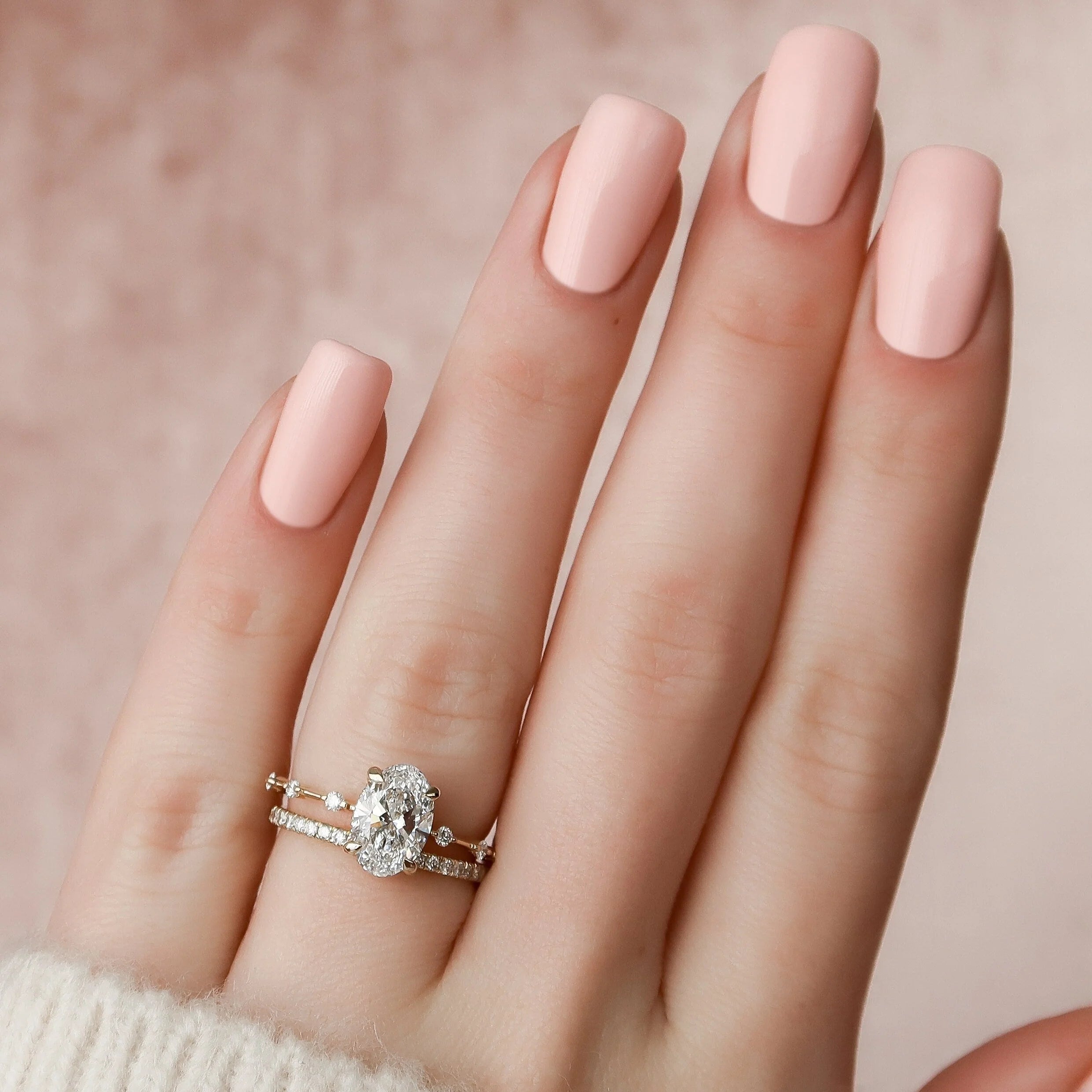 1.50CT Oval Lab Grown Diamond Hidden Halo Petite Pave Engagement Ring With Eternity Band
