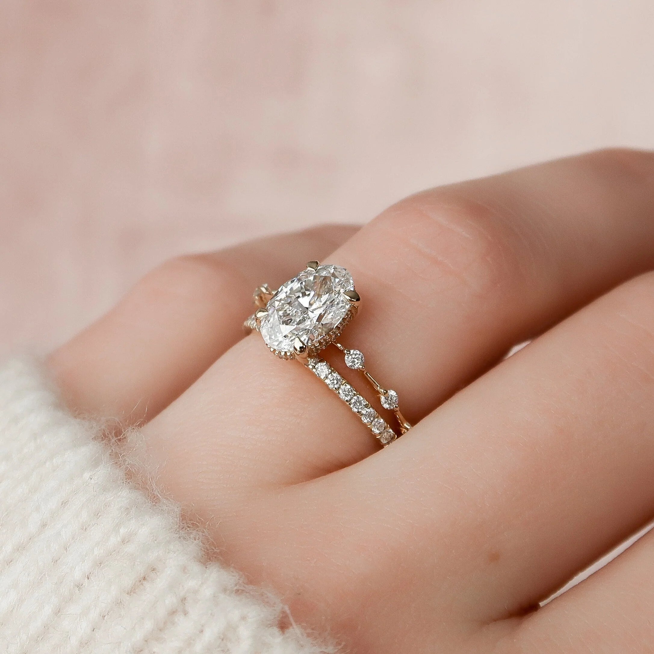 1.50CT Oval Lab Grown Diamond Hidden Halo Petite Pave Engagement Ring With Eternity Band