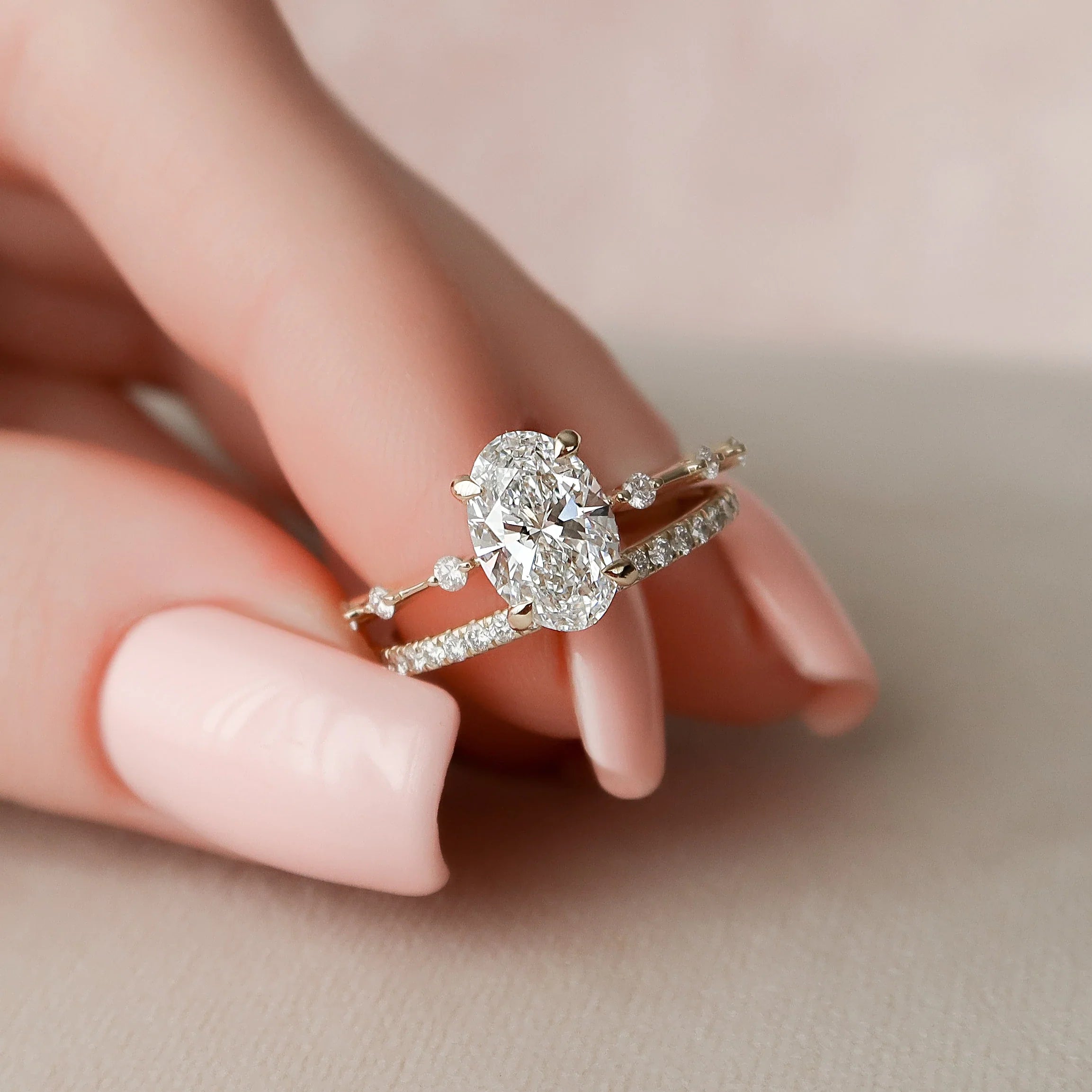 1.50CT Oval Lab Grown Diamond Hidden Halo Petite Pave Engagement Ring With Eternity Band