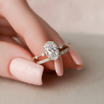 1.50CT Oval Lab Grown Diamond Hidden Halo Petite Pave Engagement Ring With Eternity Band