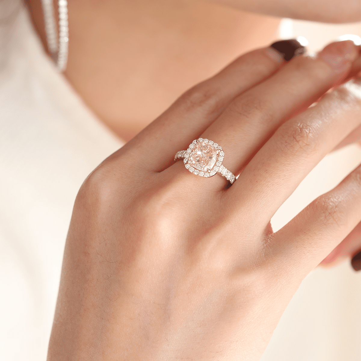 3.0CT Cushion Cut Pink Lab Grown Diamond Halo Pave Engagement Ring