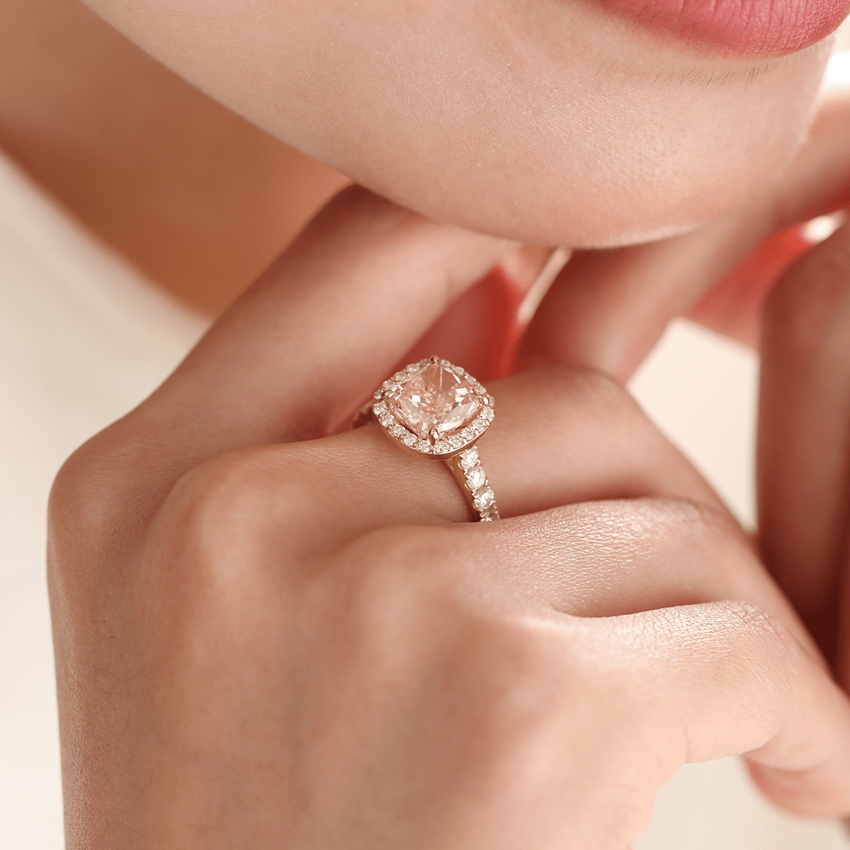 3.0CT Cushion Cut Pink Lab Grown Diamond Halo Pave Engagement Ring