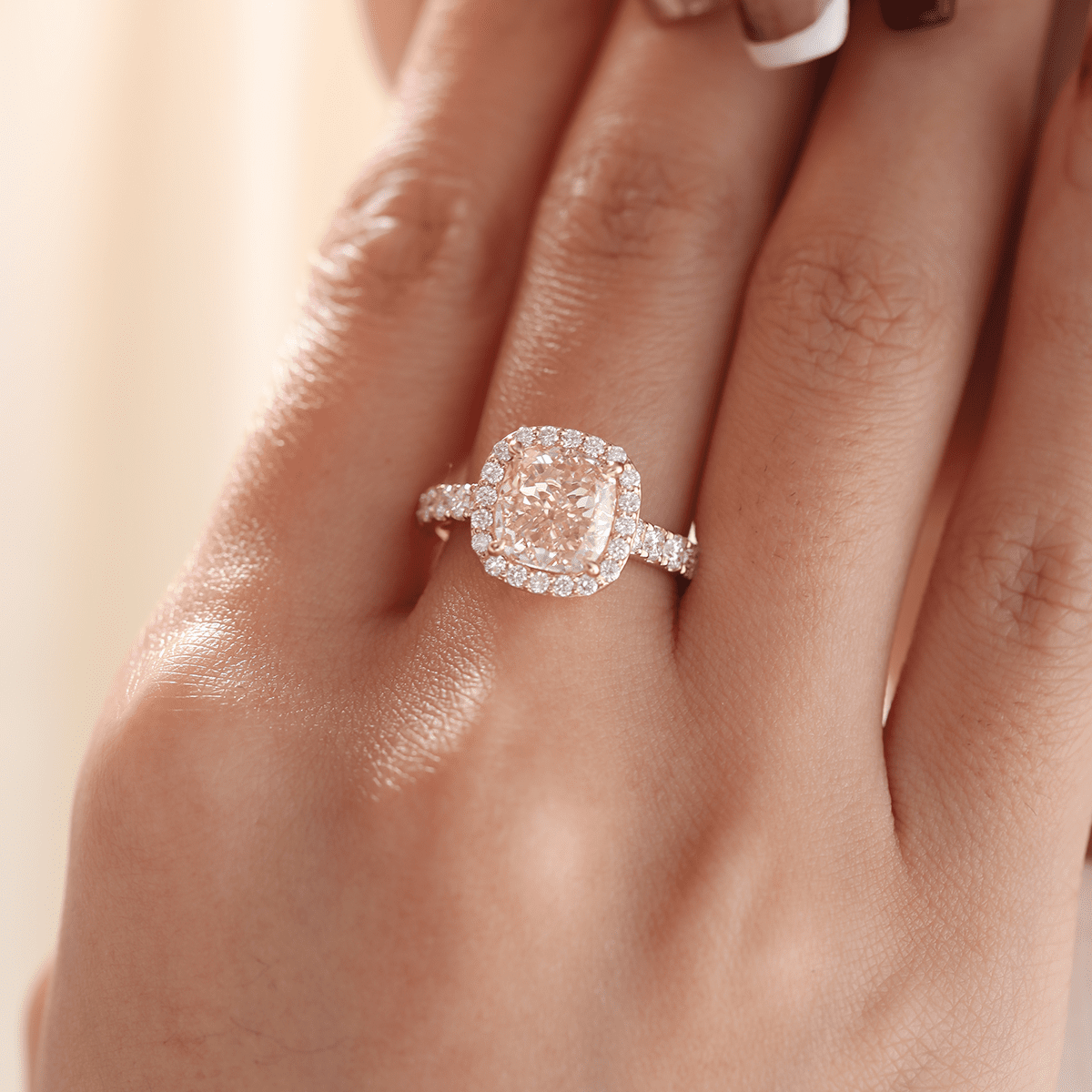 3.0CT Cushion Cut Pink Lab Grown Diamond Halo Pave Engagement Ring