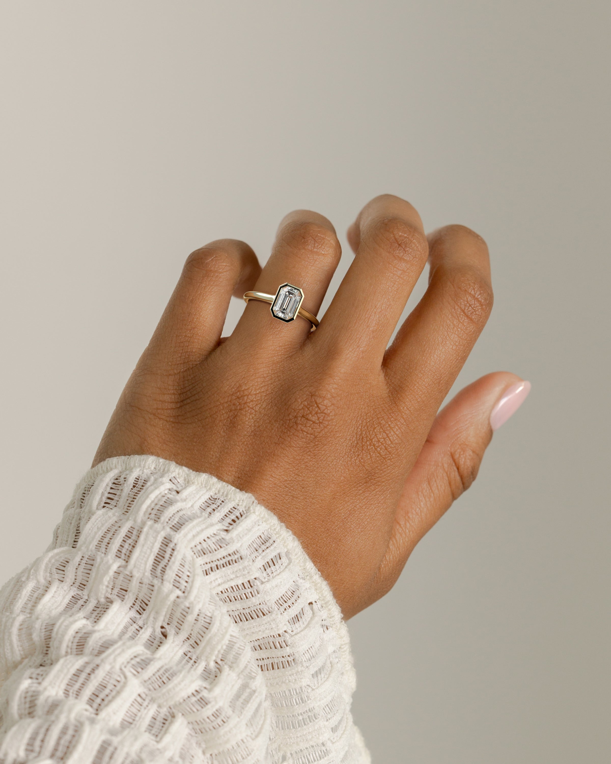 2.0CT Bezel Set Emerald Cut Lab Grown Diamond Solitaire Cathedral Engagement Ring