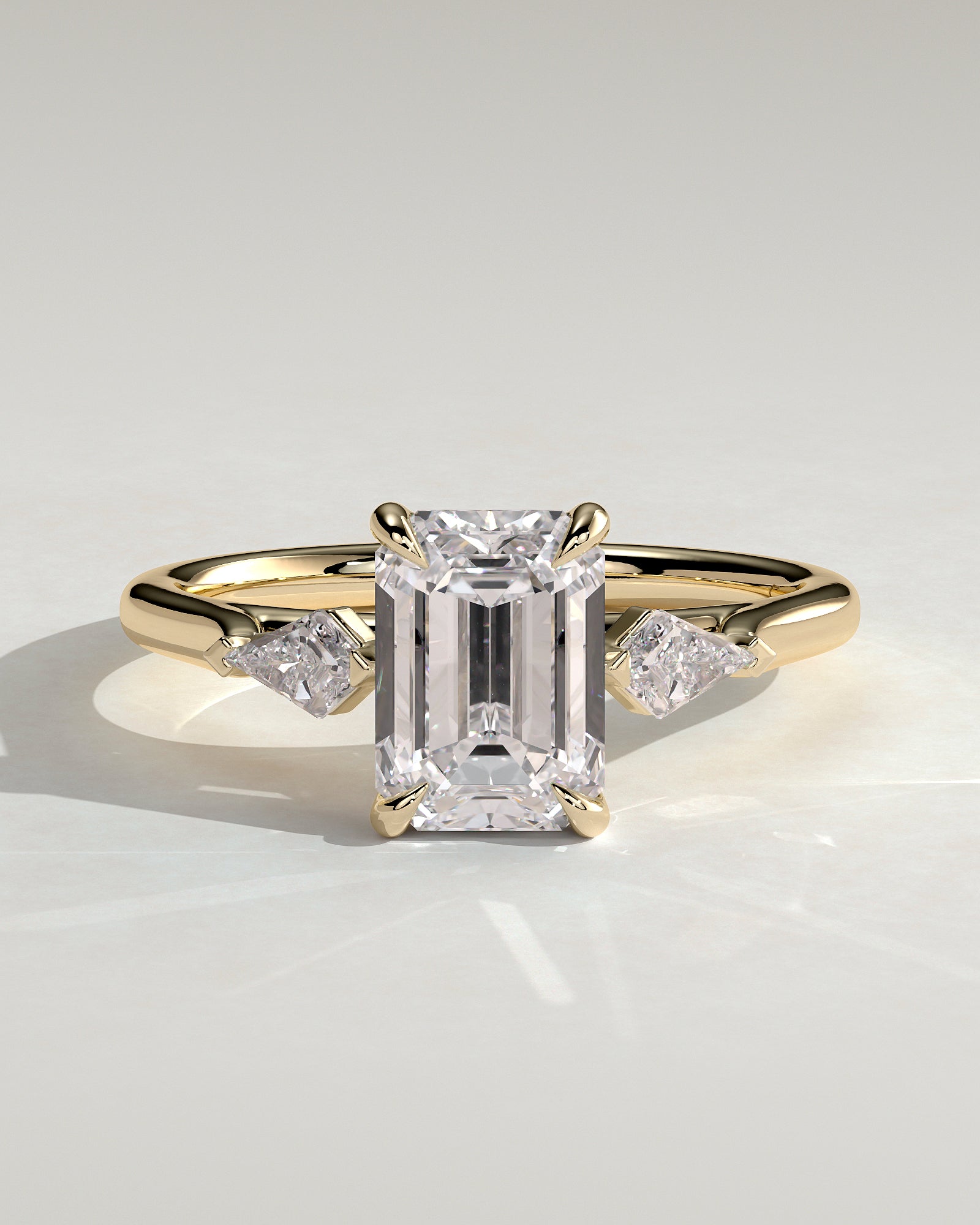 2.0CT Emerald Cut Lab Grown Diamond Trilogy With Kite Side Stones Engagement Ring
