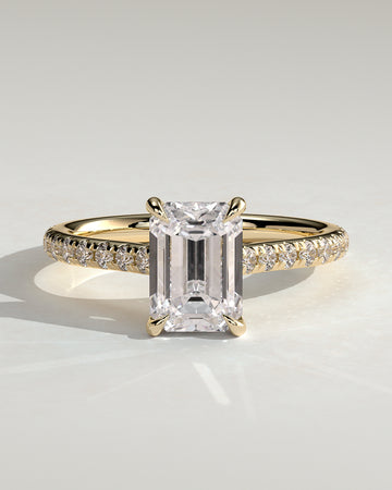 2.0CT Emerald Cut Lab Grown Diamond Hidden Halo Cathedral Pave Engagement Ring