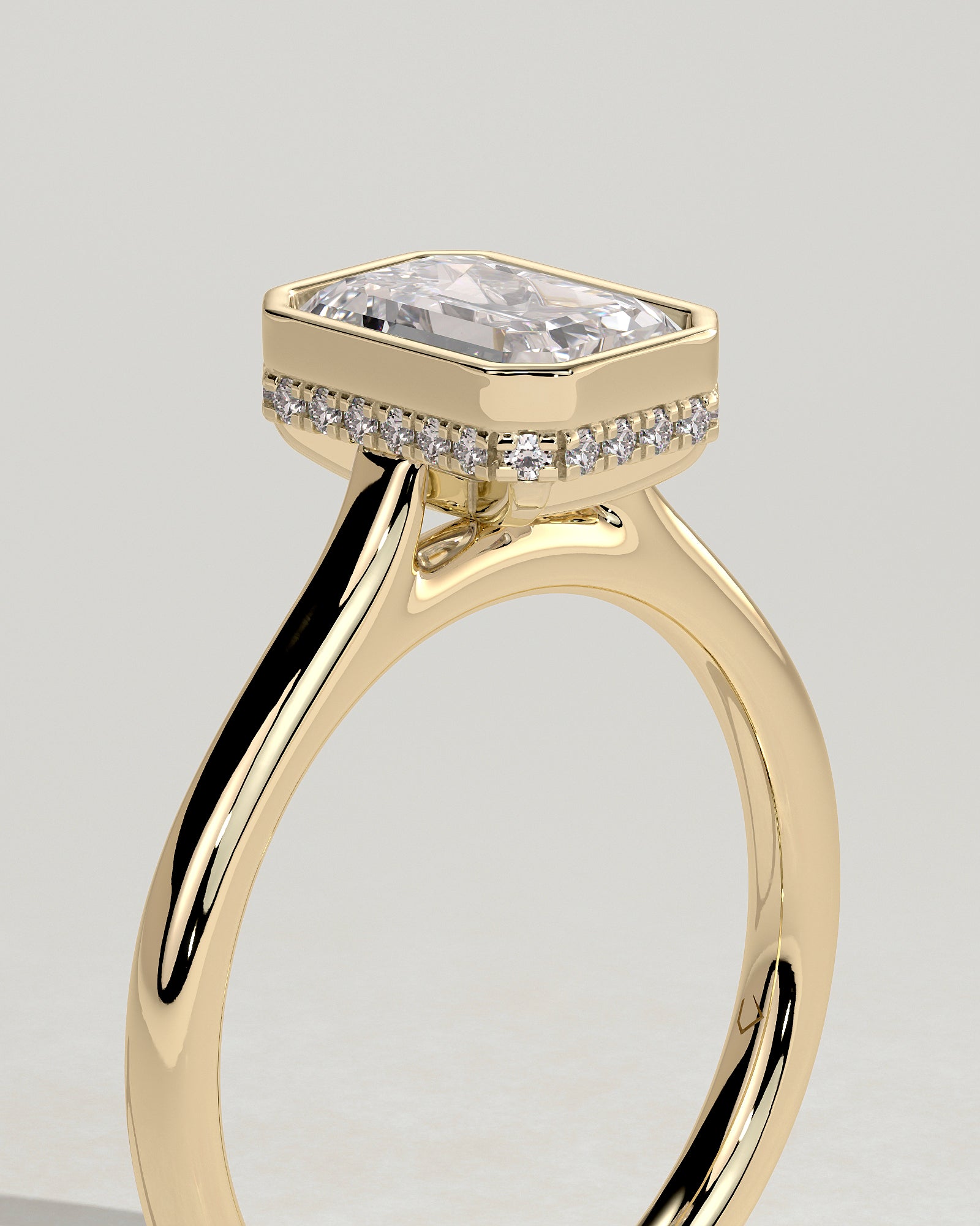 2.0CT Bezel Set Emerald Cut Lab Grown Diamond Hidden Halo Cathedral Engagement Ring