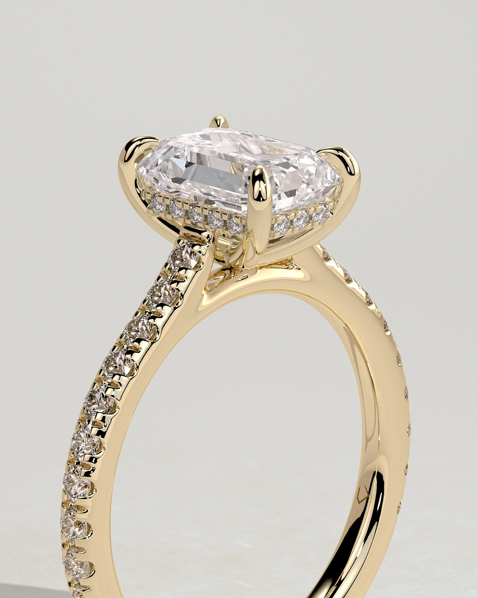 2.0CT Emerald Cut Lab Grown Diamond Hidden Halo Cathedral Pave Engagement Ring