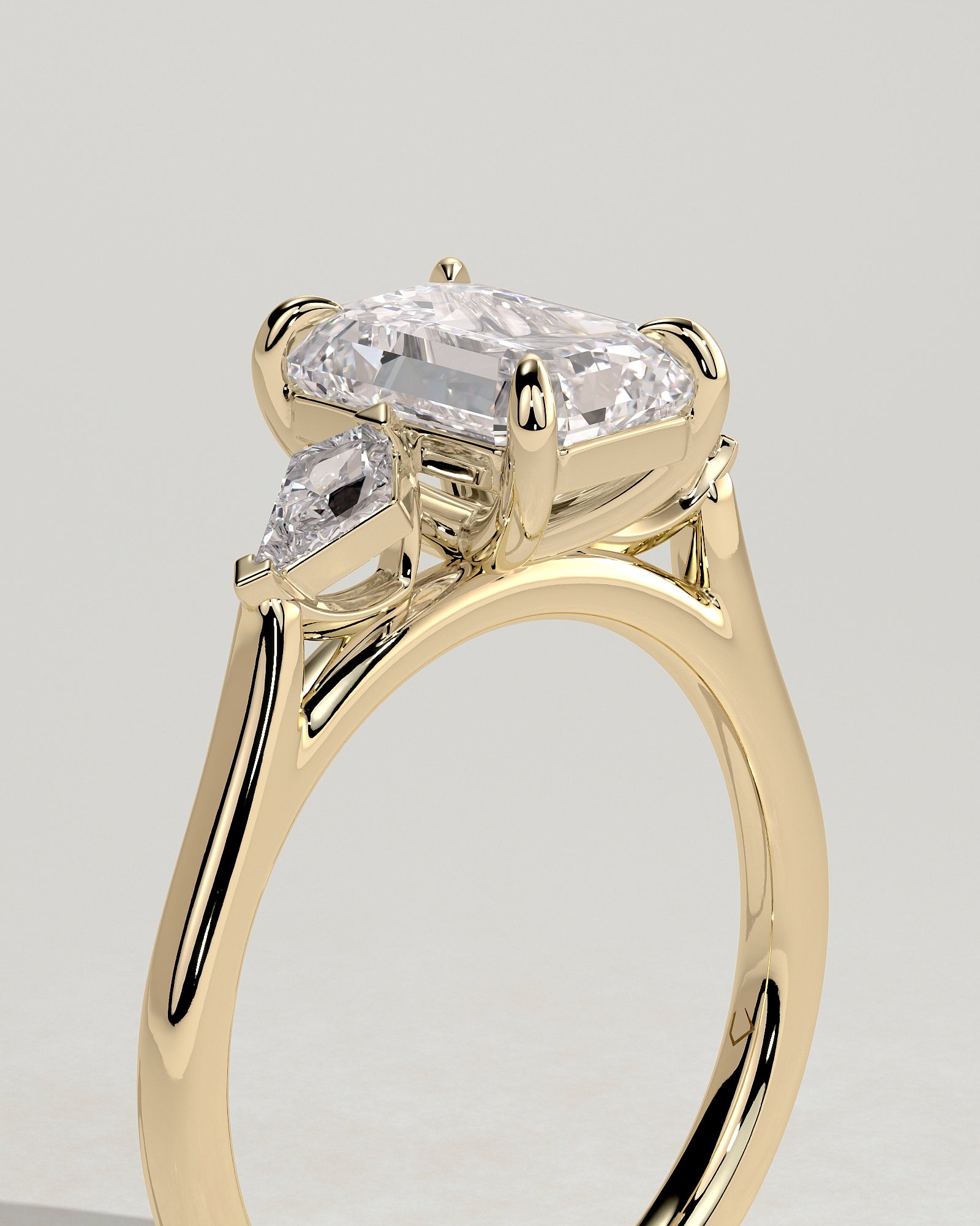2.0CT Emerald Cut Lab Grown Diamond Trilogy With Kite Side Stones Engagement Ring