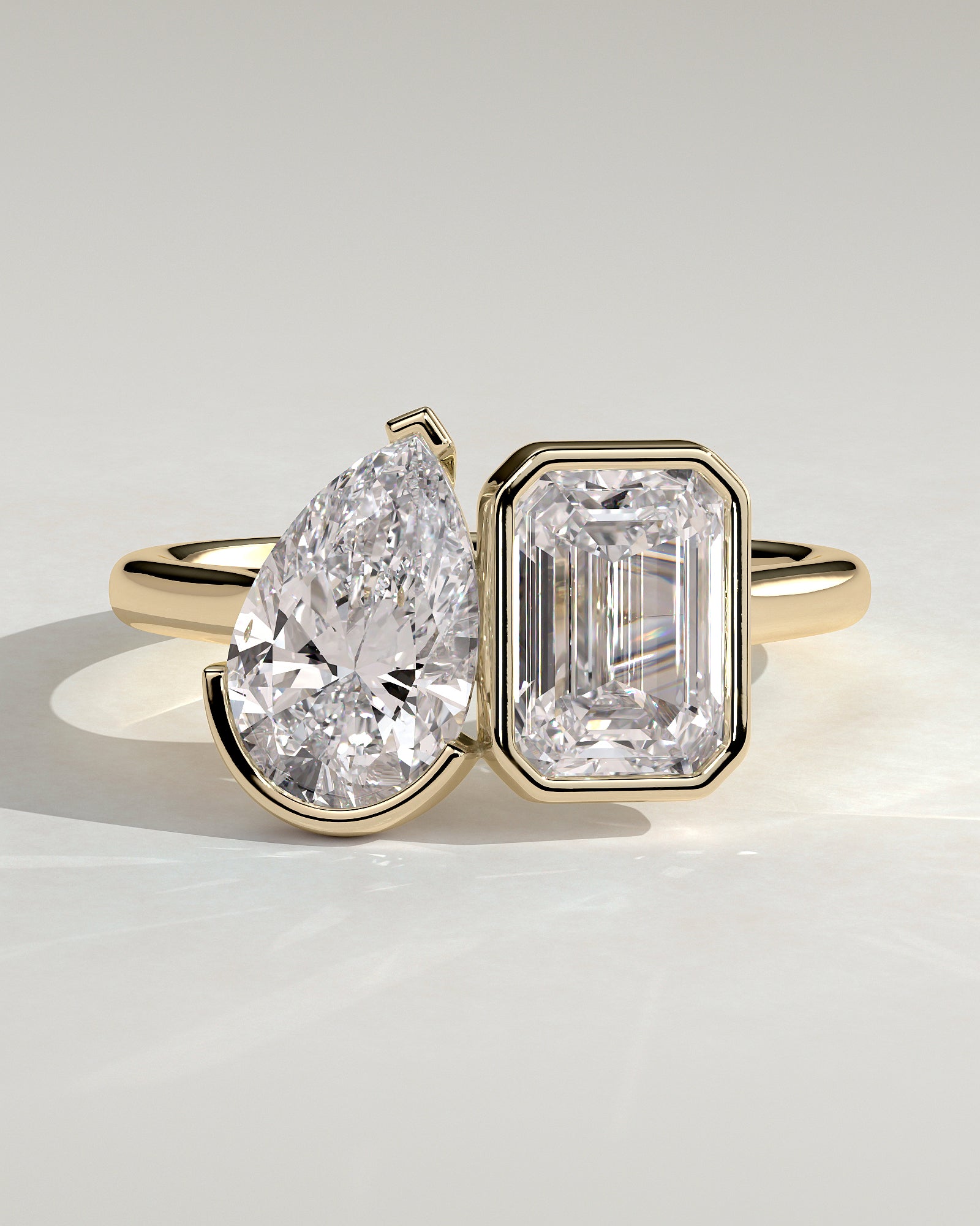 3.30CT Half Bezel Pear & 3.30CT Full Bezel Emerald Cut Lab Grown Diamond Toi et Moi Ring