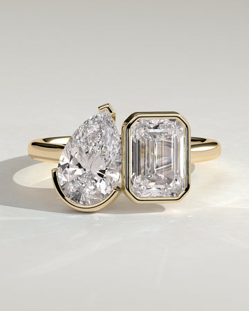 3.30CT Half Bezel Pear & 3.30CT Full Bezel Emerald Cut Lab Grown Diamond Toi et Moi Ring