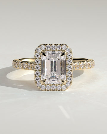 2.0CT Emerald Cut Lab Grown Diamond Halo Cathedral Pave Engagement Ring