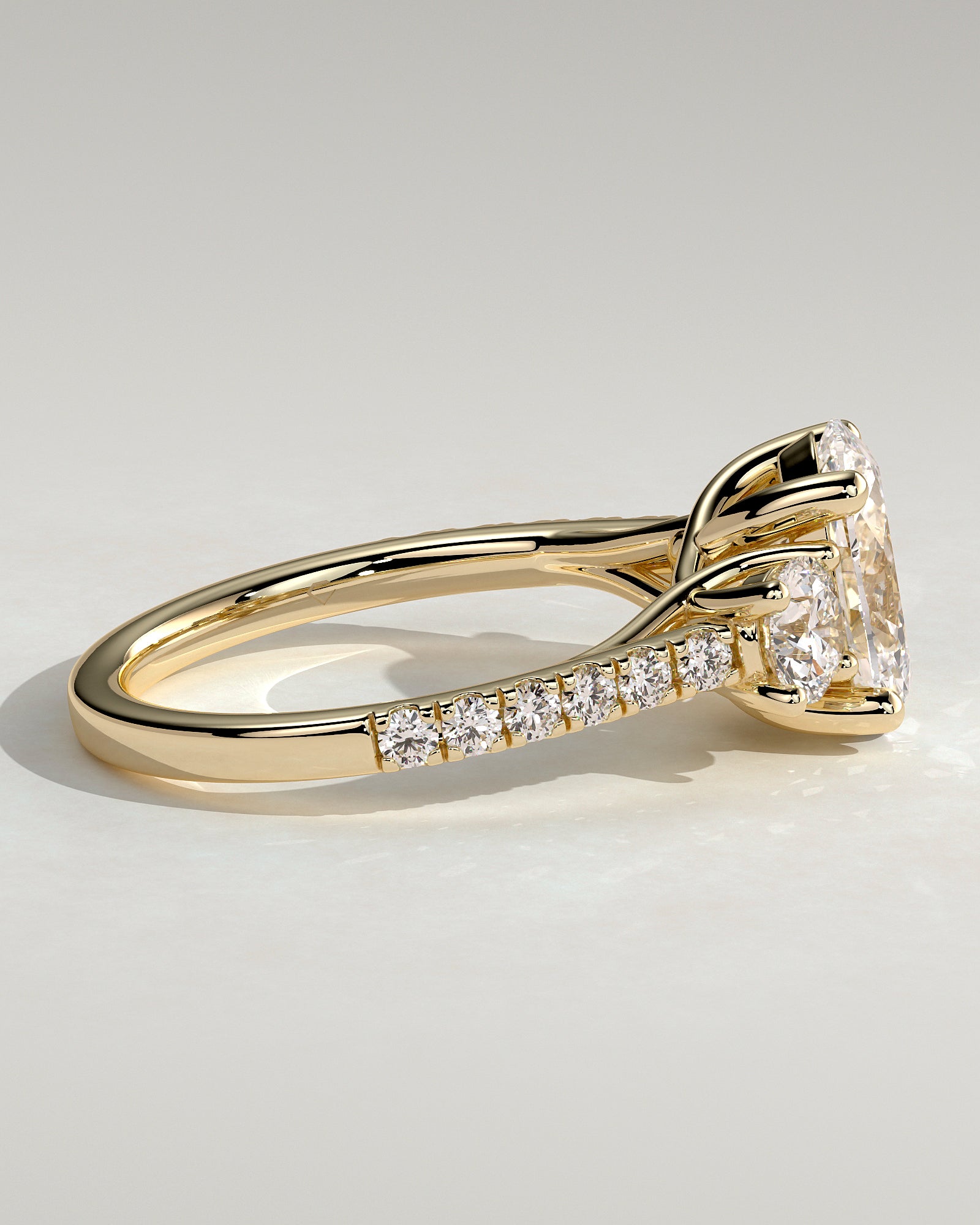 2.0CT Oval Lab Grown Diamond Trellis Gallery Pave Three Stone Engagement Ring
