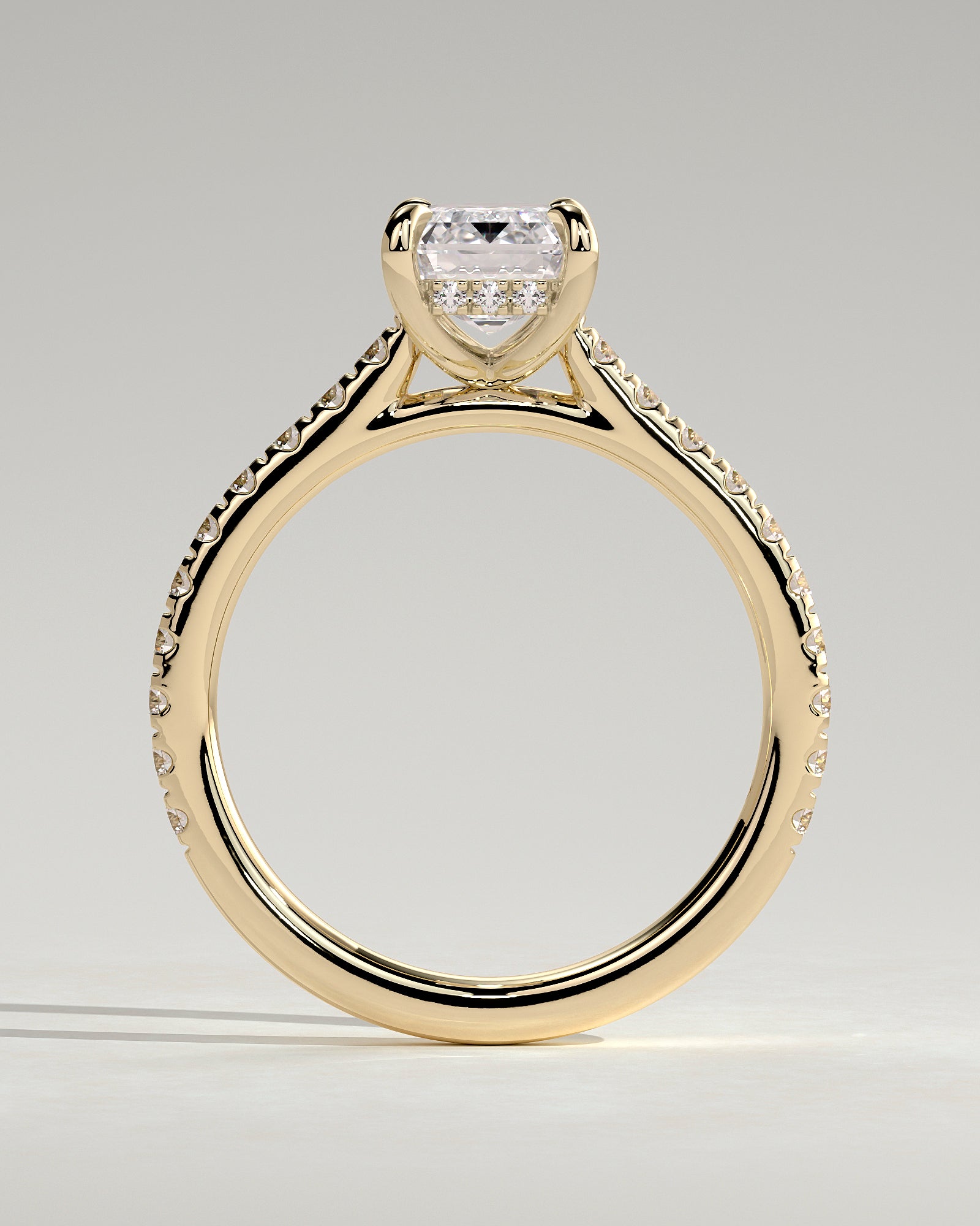 2.0CT Emerald Cut Lab Grown Diamond Hidden Halo Cathedral Pave Engagement Ring