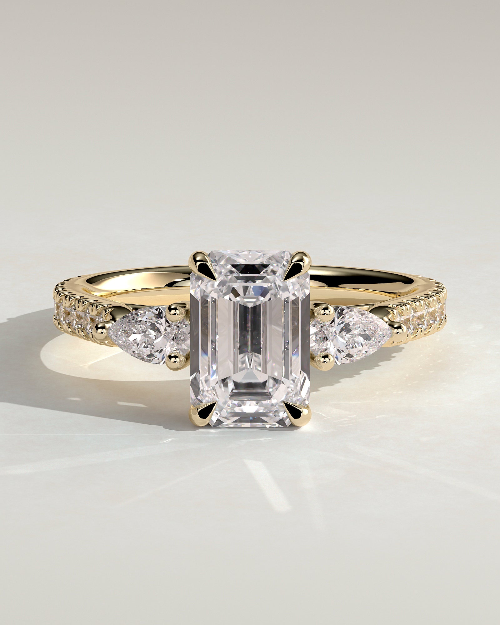 2.0CT Emerald Cut Lab Grown Diamond Pave Three Stone Engagement Ring