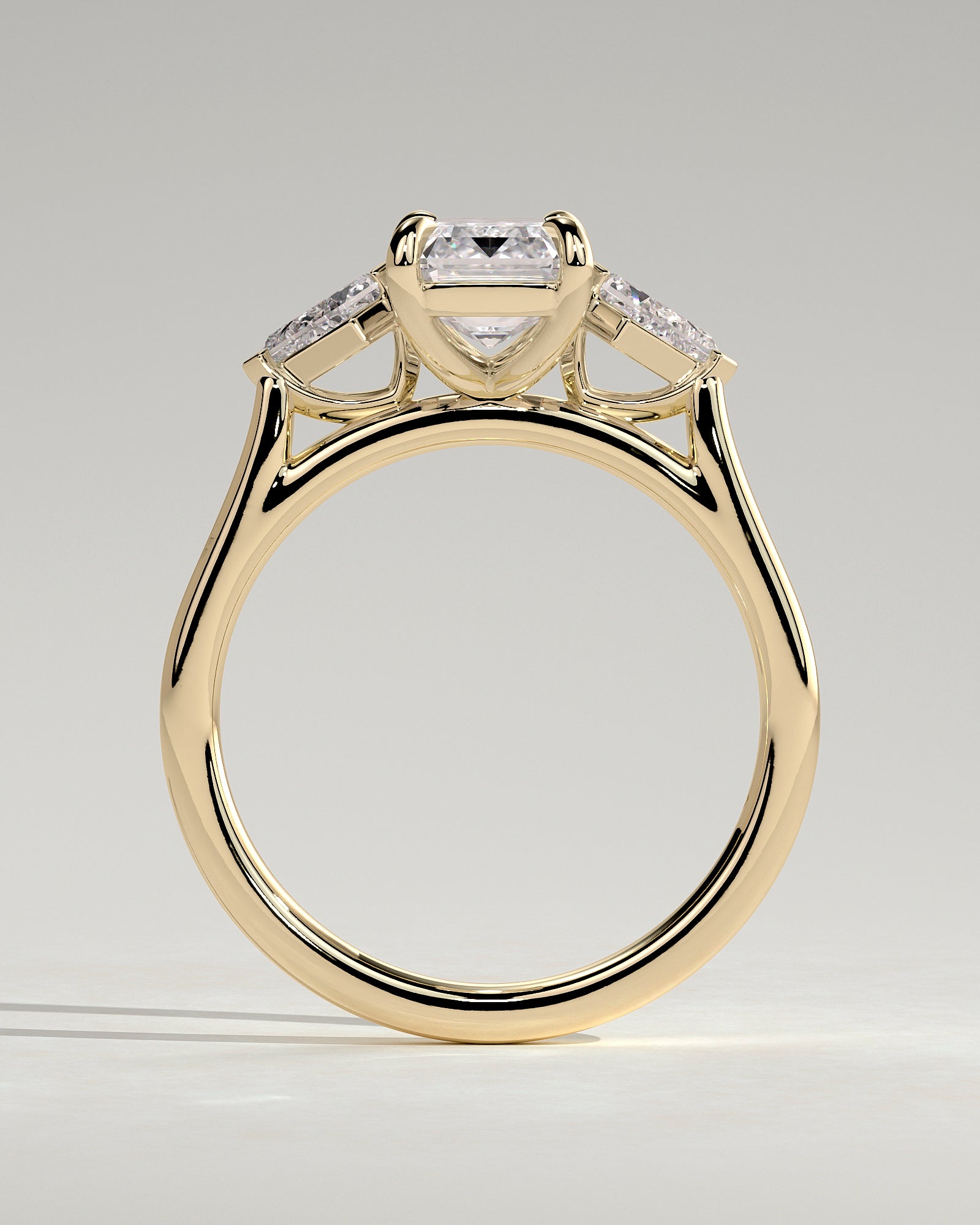 2.0CT Emerald Cut Lab Grown Diamond Trilogy With Kite Side Stones Engagement Ring