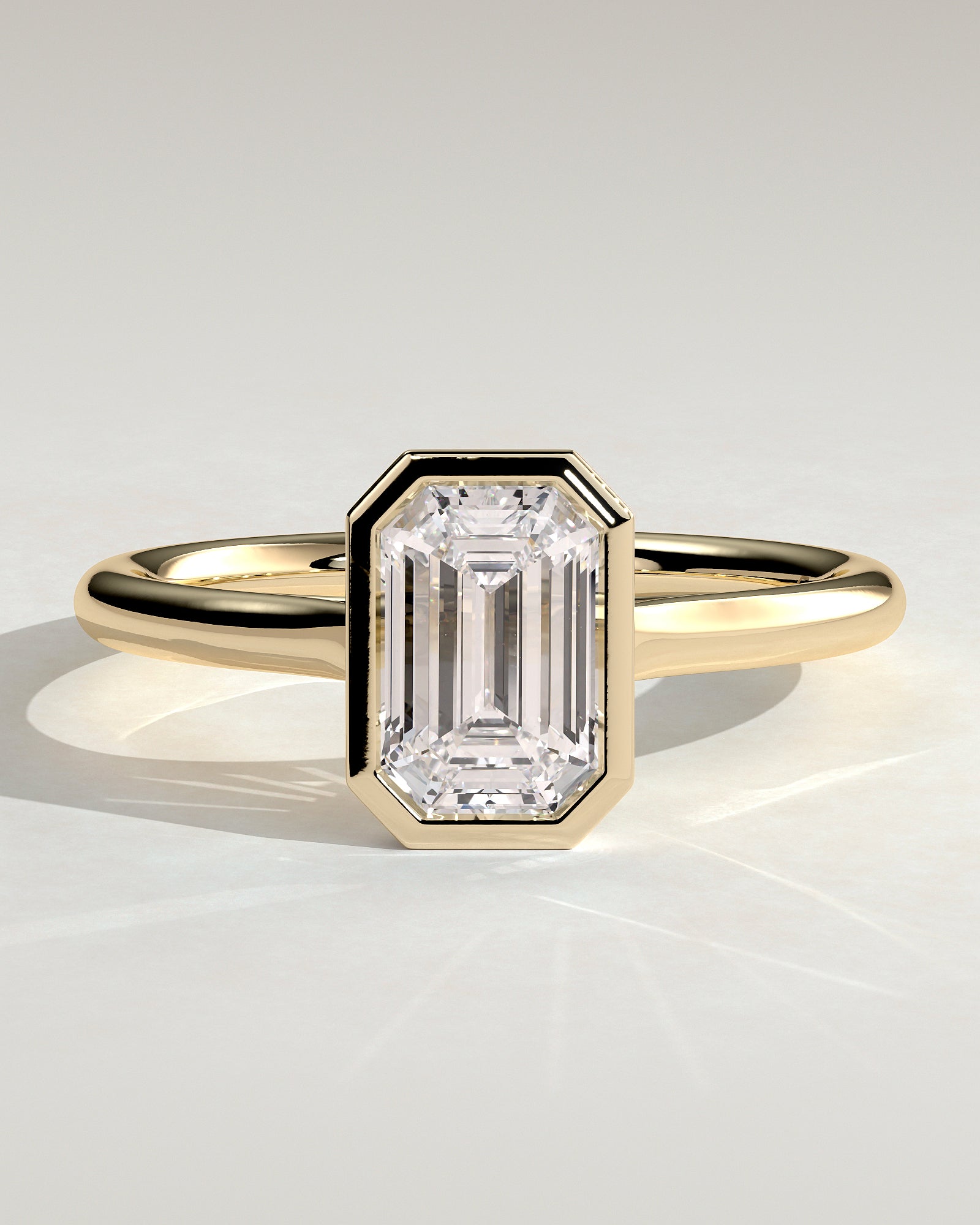 2.0CT Bezel Set Emerald Cut Lab Grown Diamond Solitaire Cathedral Engagement Ring