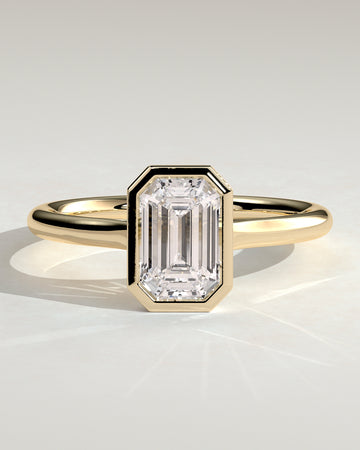 2.0CT Bezel Set Emerald Cut Lab Grown Diamond Solitaire Cathedral Engagement Ring