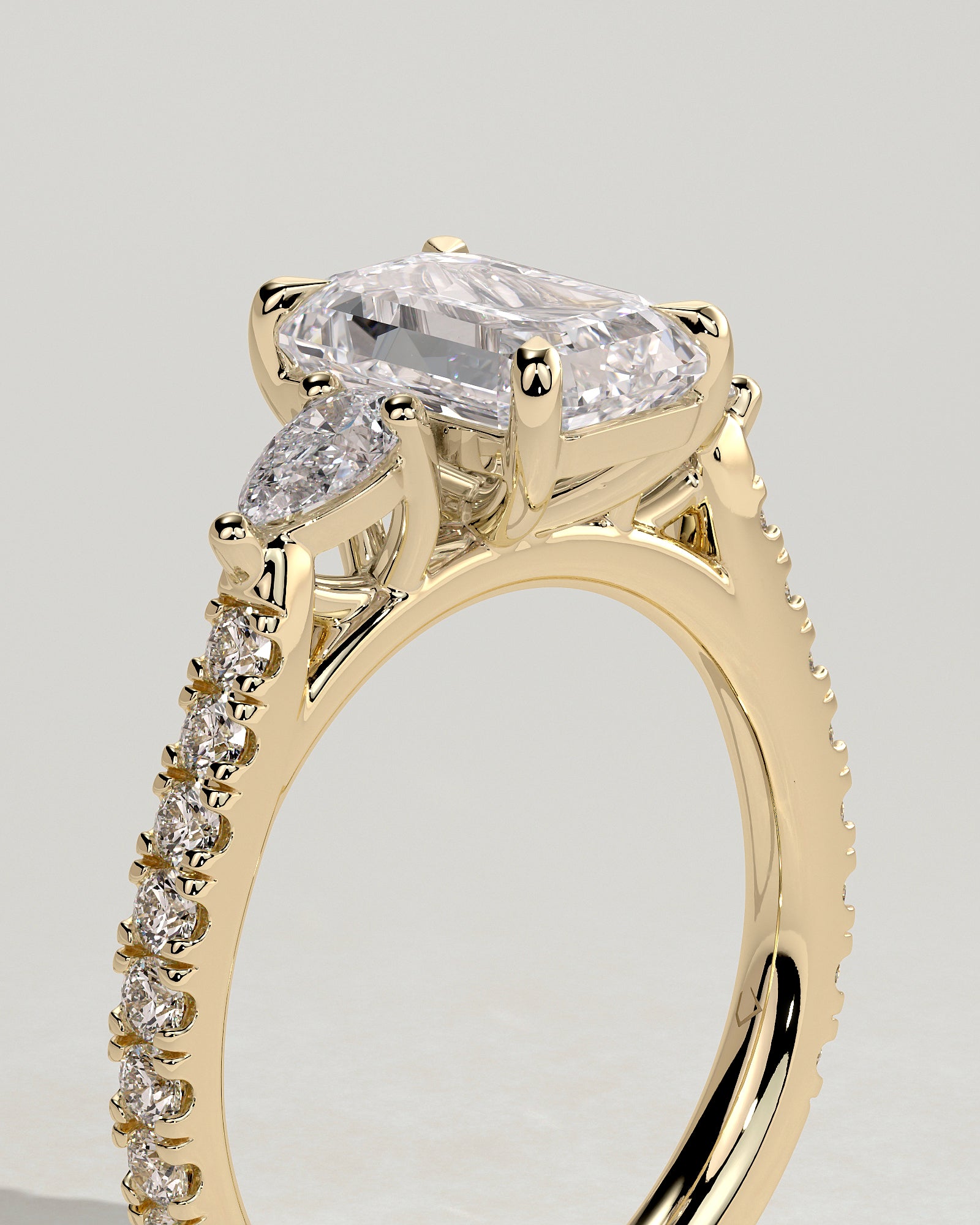 2.0CT Emerald Cut Lab Grown Diamond Pave Three Stone Engagement Ring