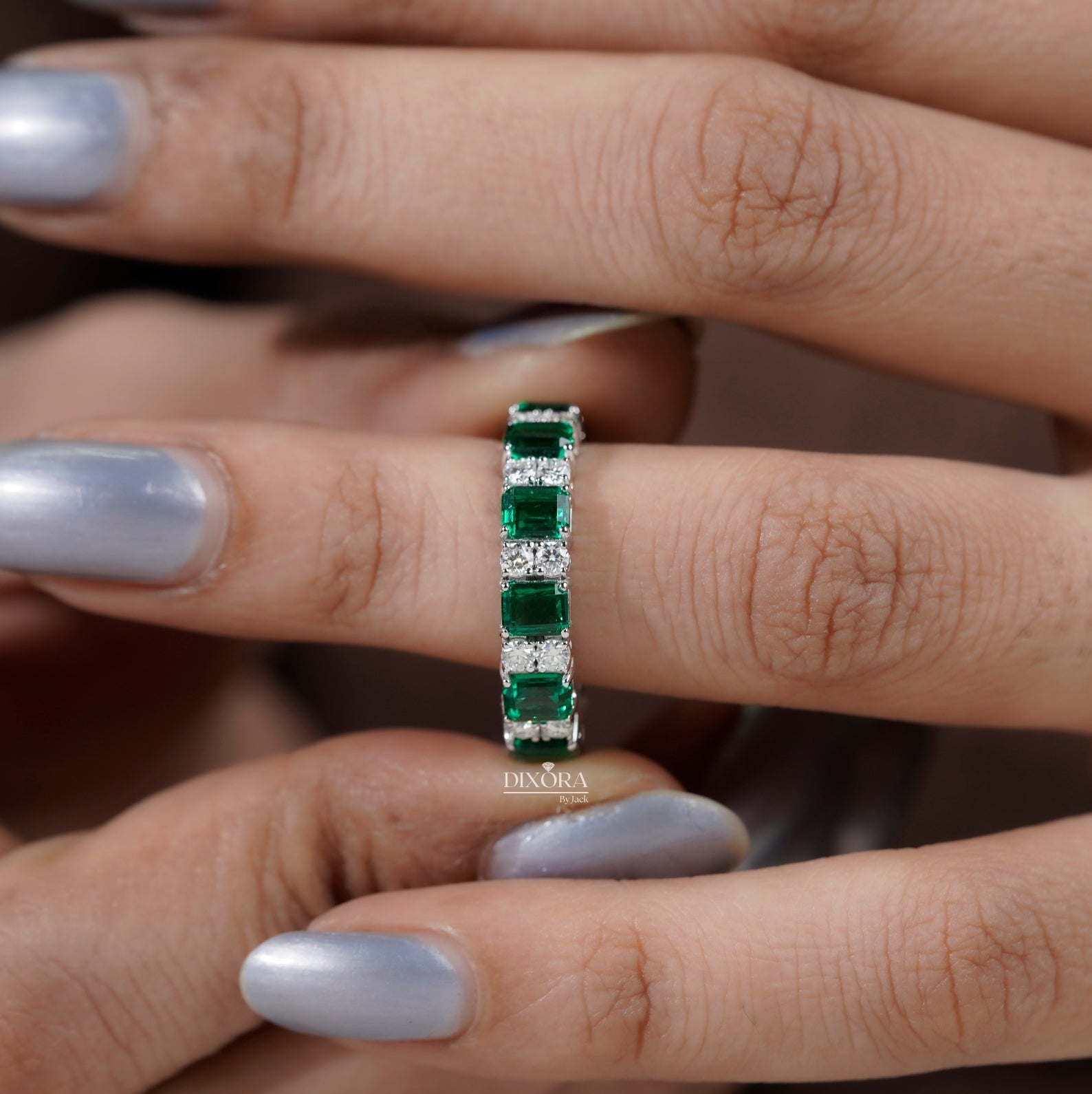 Green Emerald & Round Lab Grown Diamond Wedding Band For Women, Full Eternity Band, 14K White Gold Stackable/Matching Band, Anniversary Band