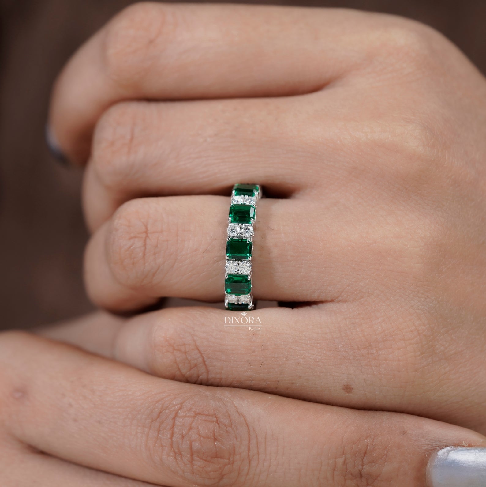 Green Emerald & Round Lab Grown Diamond Wedding Band For Women, Full Eternity Band, 14K White Gold Stackable/Matching Band, Anniversary Band