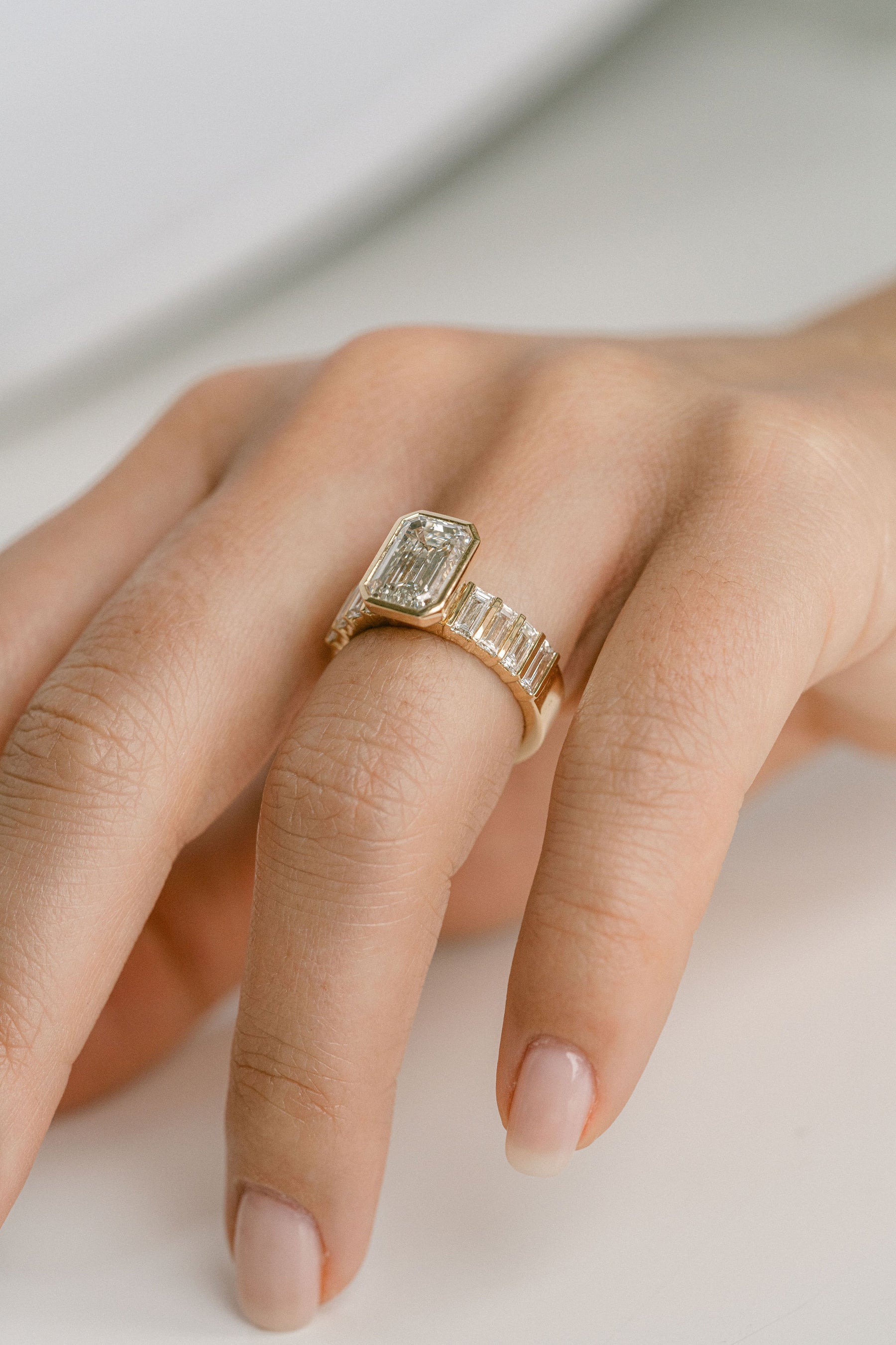 3.0CT Bezel Set Emerald Cut With Bar Set Baguette Lab Diamond 5mm Band Engagement Ring