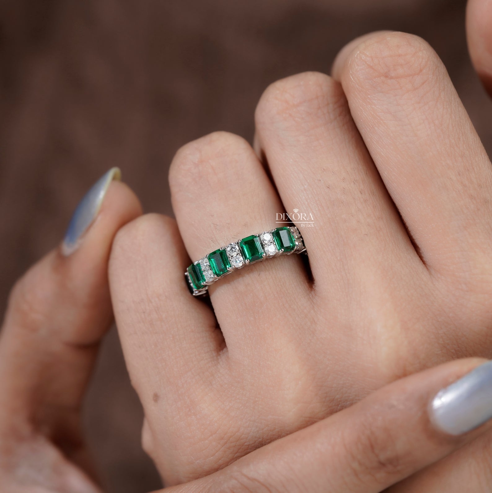 Green Emerald & Round Lab Grown Diamond Wedding Band For Women, Full Eternity Band, 14K White Gold Stackable/Matching Band, Anniversary Band