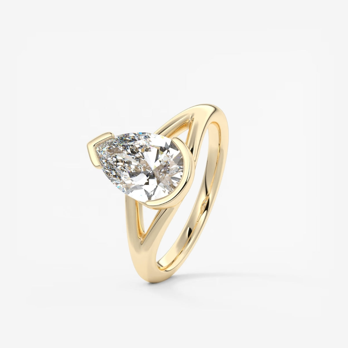 2.0CT Half Bezel Set Pear Cut Lab Grown Diamond Split Shank Engagement Ring