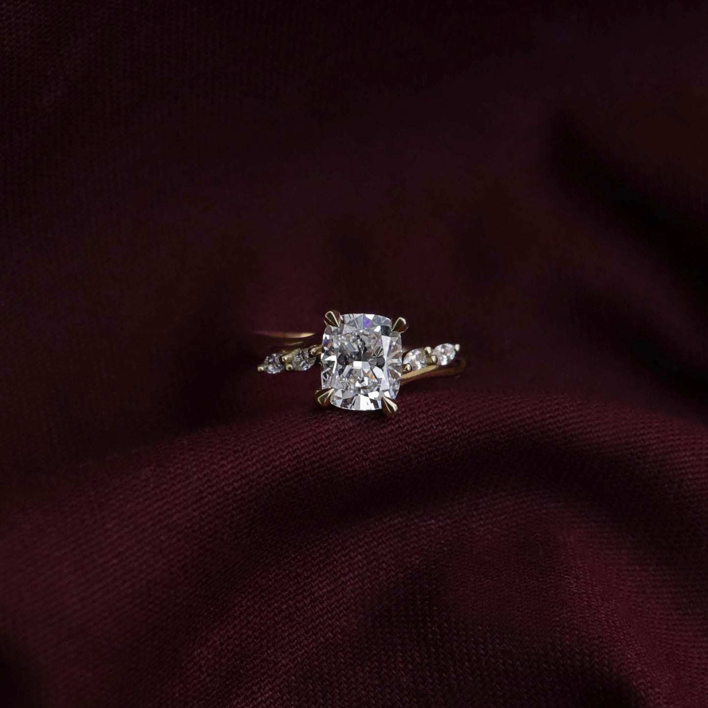2.0CT Elongated Cushion Lab Grown Diamond With Marquise Accents Engagement Ring