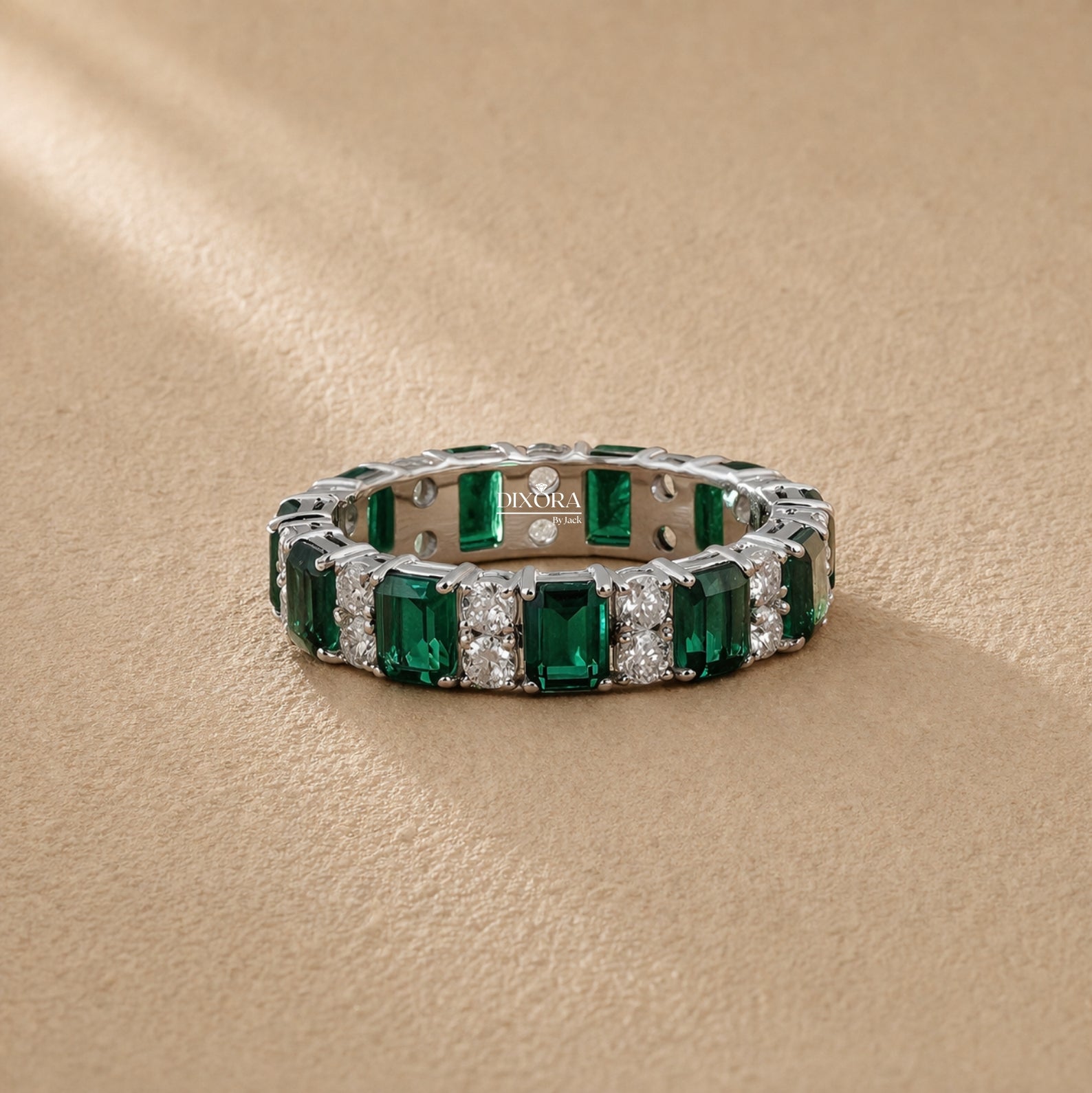Green Emerald & Round Lab Grown Diamond Wedding Band For Women, Full Eternity Band, 14K White Gold Stackable/Matching Band, Anniversary Band