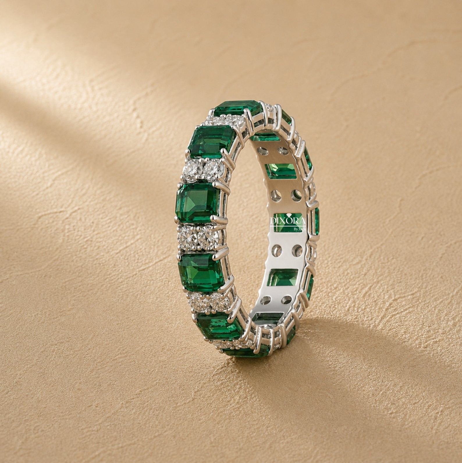 Green Emerald & Round Lab Grown Diamond Wedding Band For Women, Full Eternity Band, 14K White Gold Stackable/Matching Band, Anniversary Band
