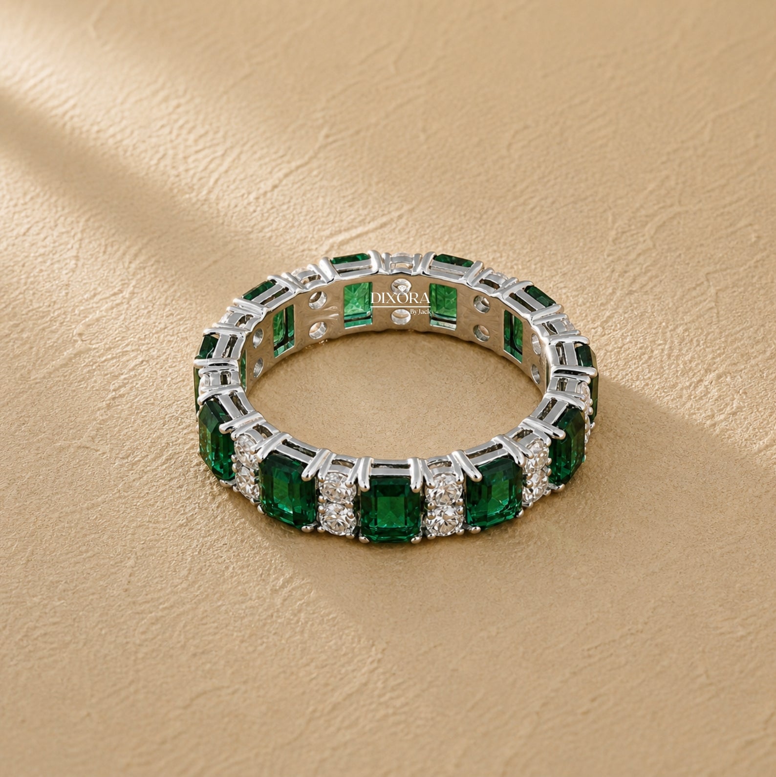 Green Emerald & Round Lab Grown Diamond Wedding Band For Women, Full Eternity Band, 14K White Gold Stackable/Matching Band, Anniversary Band