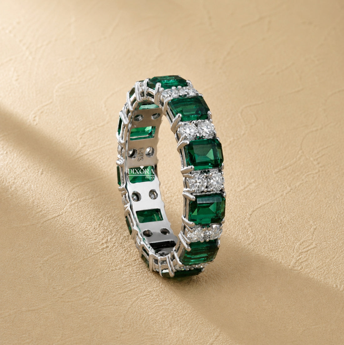 Green Emerald & Round Lab Grown Diamond Wedding Band For Women, Full Eternity Band, 14K White Gold Stackable/Matching Band, Anniversary Band