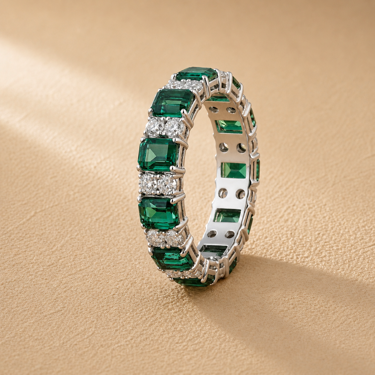 Green Emerald & Round Lab Grown Diamond Wedding Band For Women, Full Eternity Band, 14K White Gold Stackable/Matching Band, Anniversary Band