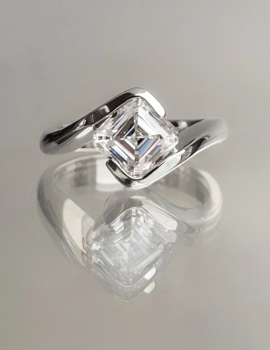 2.0CT Half Bezel Set Asscher Lab Grown Diamond Unique Ring With Band
