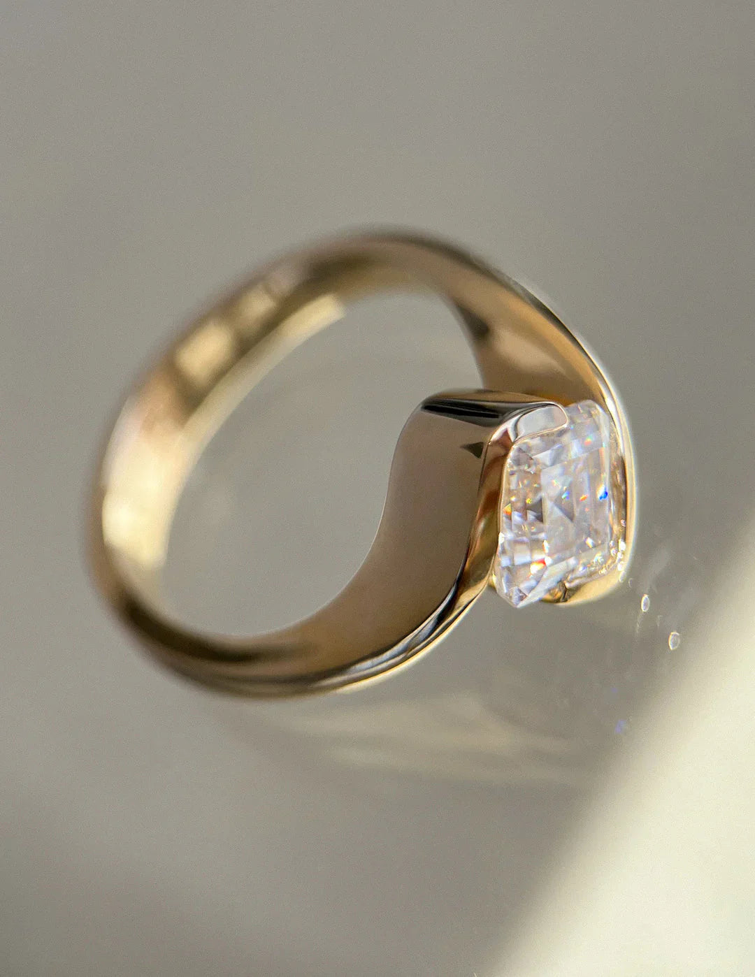 2.0CT Half Bezel Set Asscher Lab Grown Diamond Unique Ring With Band