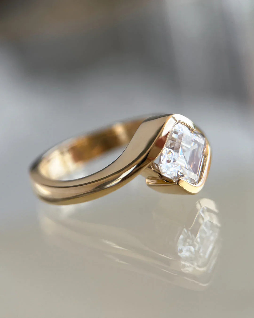 2.0CT Half Bezel Set Asscher Lab Grown Diamond Unique Ring With Band