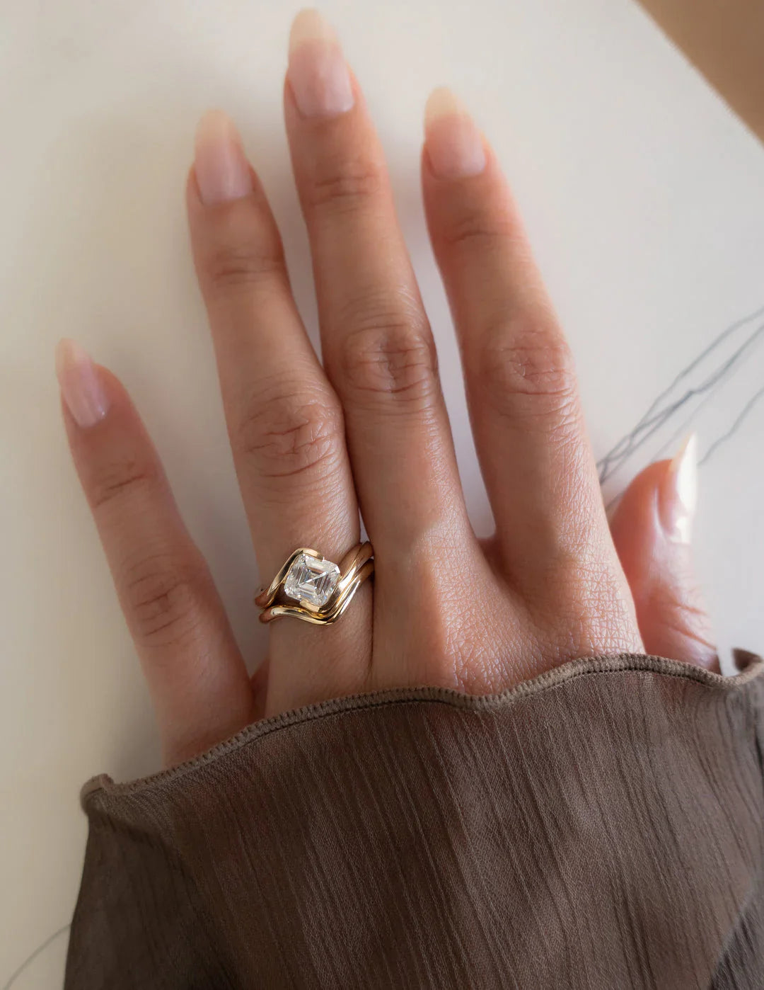 2.0CT Half Bezel Set Asscher Lab Grown Diamond Unique Ring With Band