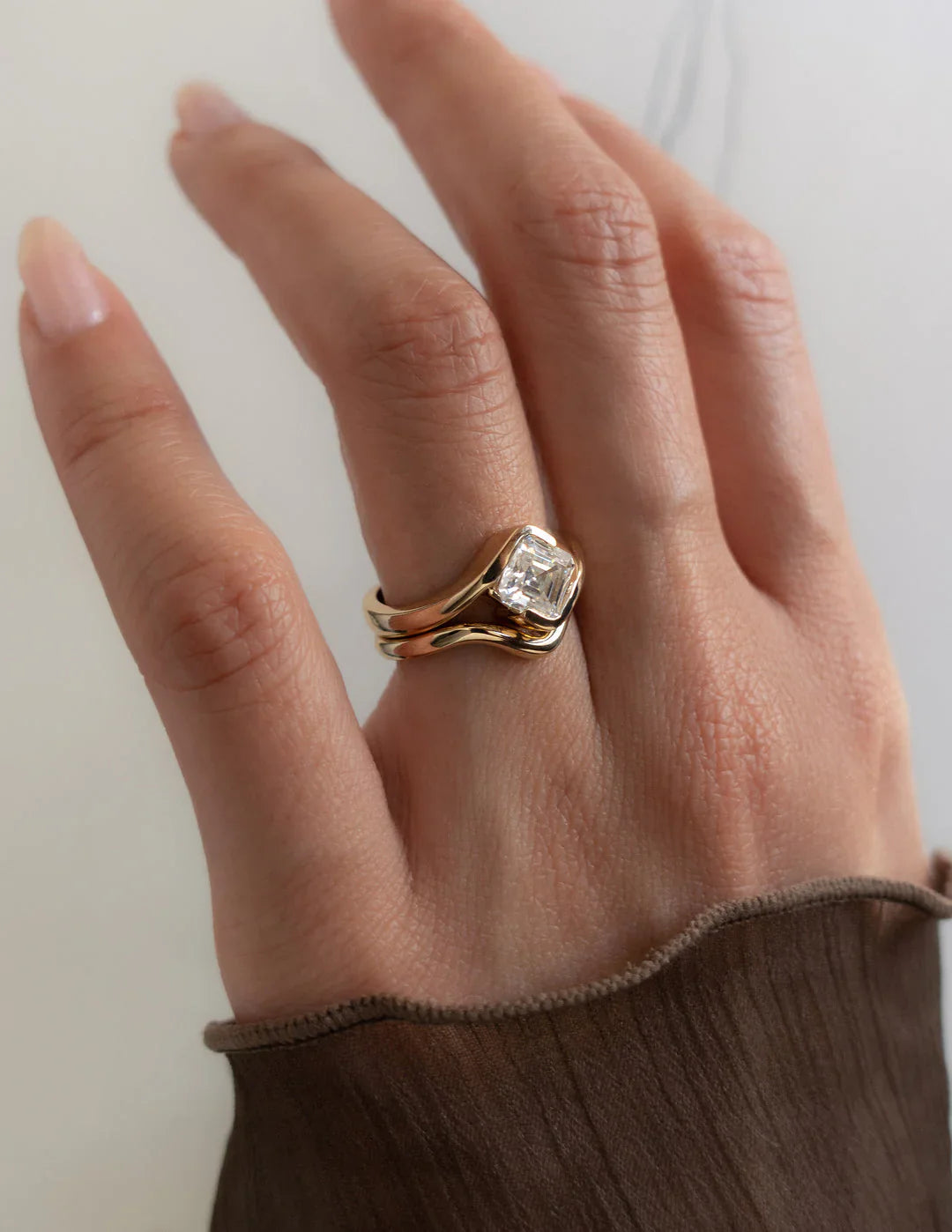 2.0CT Half Bezel Set Asscher Lab Grown Diamond Unique Ring With Band