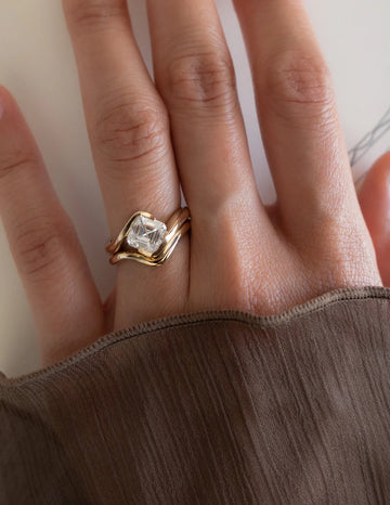 2.0CT Half Bezel Set Asscher Lab Grown Diamond Unique Ring With Band