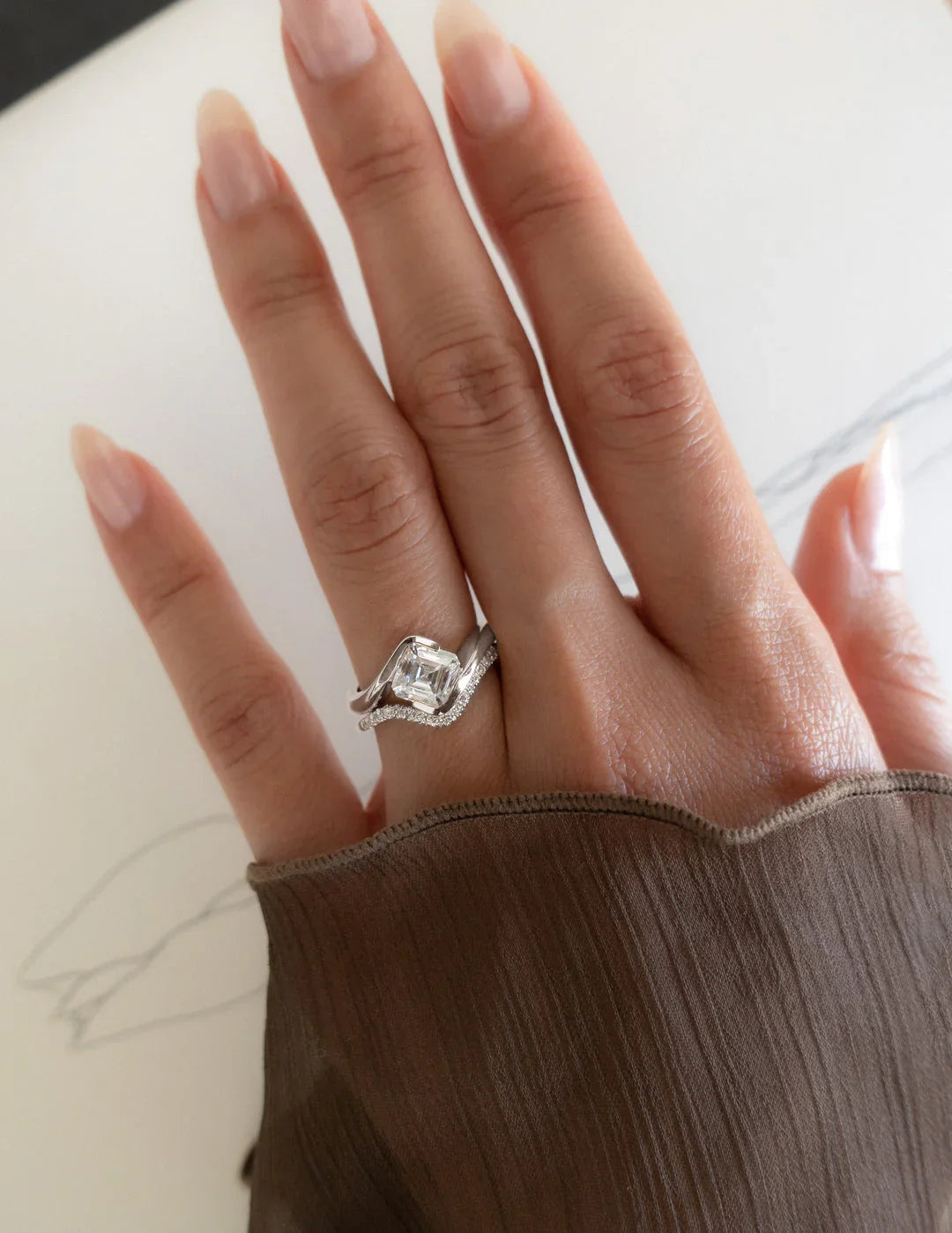 2.0CT Asscher Lab Grown Diamond By Pass Unique Ring With Band