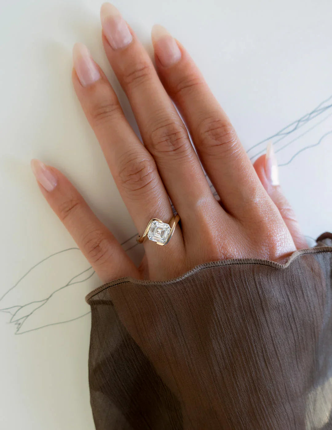 2.0CT Half Bezel Set Asscher Lab Grown Diamond Unique Ring With Band