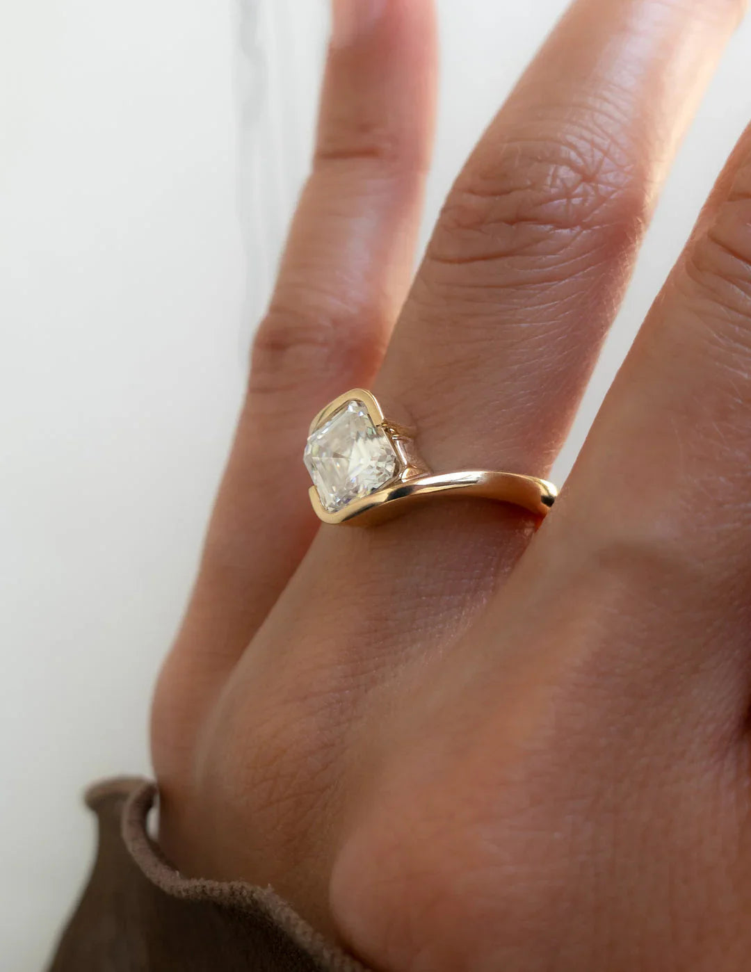 2.0CT Half Bezel Set Asscher Lab Grown Diamond Unique Ring With Band