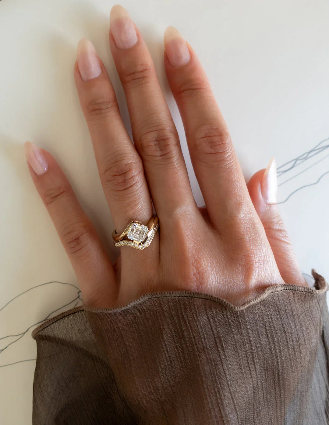 2.0CT Asscher Lab Grown Diamond By Pass Unique Ring With Band
