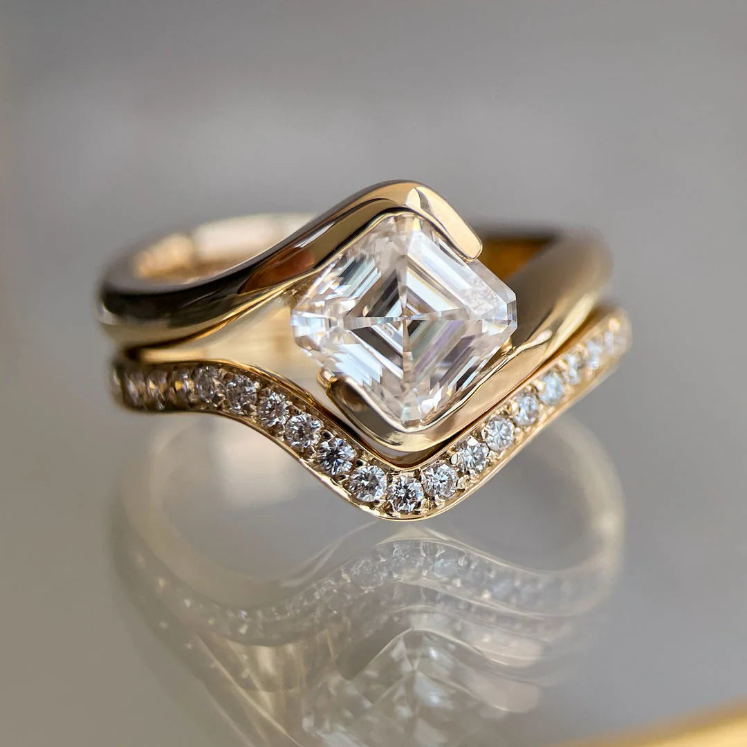 2.0CT Asscher Lab Grown Diamond By Pass Unique Ring With Band