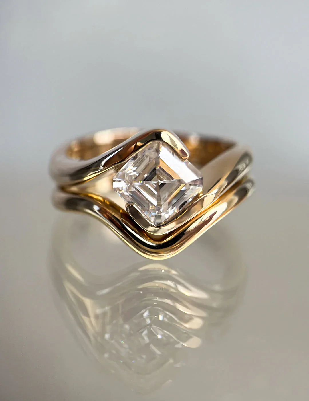 2.0CT Half Bezel Set Asscher Lab Grown Diamond Unique Ring With Band