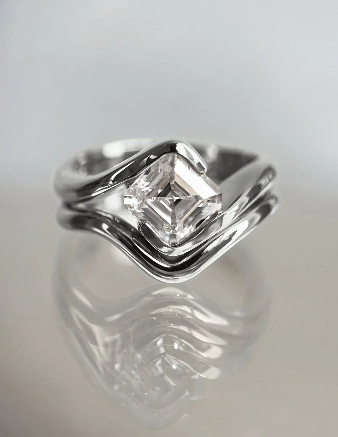 2.0CT Half Bezel Set Asscher Lab Grown Diamond Unique Ring With Band